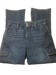 Paige Dion Cargo Pocket Denim Blue Jeans Relaxed Fit Flare Leg Size 32 NWOT - Picture 1 of 6
