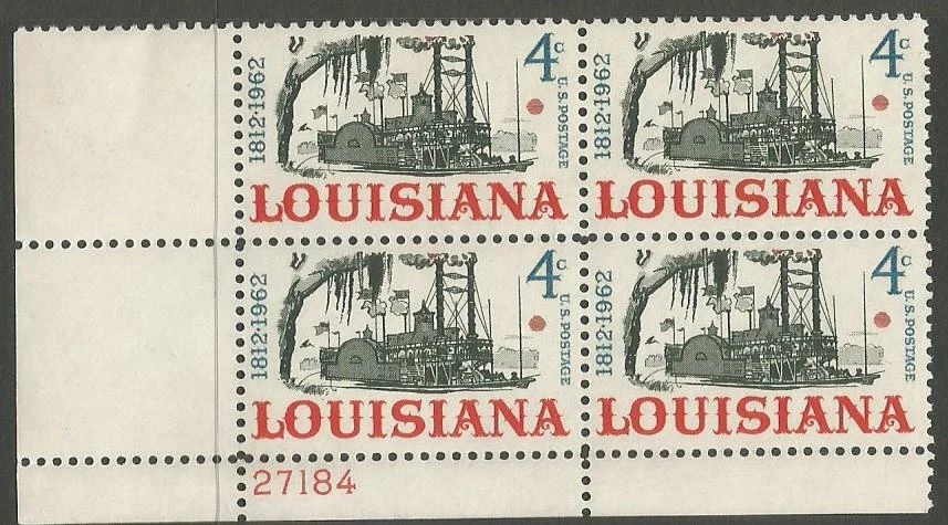 Plate Block of 4 stamps - Scott 1197 - 4 cent -   Louisiana - 1962 - MNH - Image 1 of 1