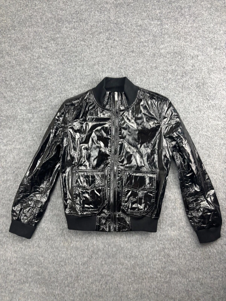 Chaqueta de cuero de piel de cordero R13 para mujer M negra charol cremallera completa bolsillos cuello falso Foto 1 de 4