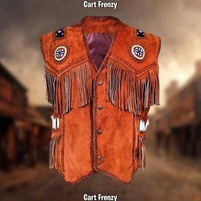 Buckskin Leather Native American Fringe Vest Handmade Indian Beaded Cowboy Style - Image 1 of 4