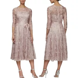Alex Evenings Women's Tea Length Embroidered Dress Illusion Sleeves Rose 6 NWT - Picture 1 of 5