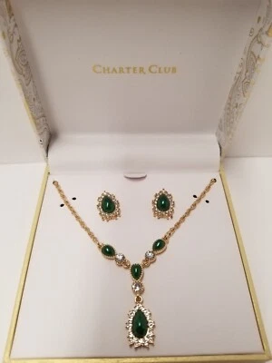 Collar y Pendientes Lariat "Holiday Lane" Cristal e Imitación Perla Verde Tono Dorado Foto 1 de 4