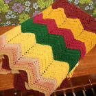 Pink Green Yellow Zig Zag Stripe Vintage Knitted Crochet Blanket Throw Bedspread