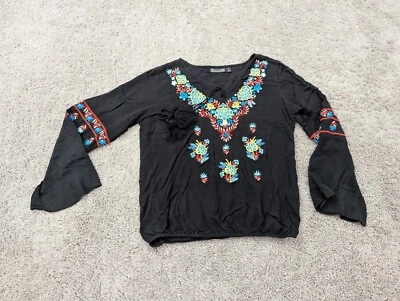 7th Avenue Blouse Womens Small Drawstring Bell Sleeve Embroidered Flower Boho - Image 1 of 4