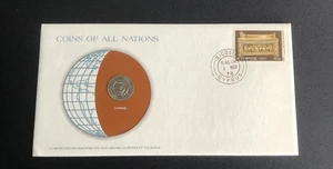 Coins of all Nations 1977 Cyprus 25 Mils The Franklin Mint Coin & Stamp COA - Picture 1 of 2