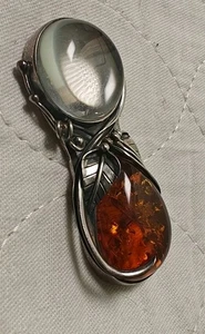 Vintage Lupe Bernstein & Sterlingsilber 925 Anhänger/Brosche mit Eichel/Blättern 2,5"L - Bild 1 von 6