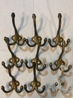 老式重型纯色黄铜三壁钩适用于外套、帽子、毛巾 9 件装 — 第 1/4 张图片