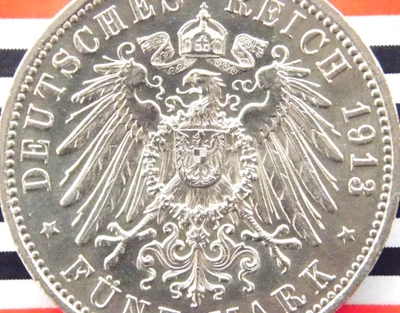 ALEMÁN 5 marcos 1913 A uniforme prusiano Guillermo II. Moneda 90% Plata IMPERIO PRIMERA GUERRA MUNDIAL RARA Foto 1 de 4