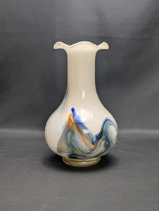 Murano Style Hand Blown Glass Vase Blue Swirl on White VGC Vintage Unique - Picture 1 of 13