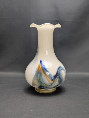 Murano Style Hand Blown Glass Vase Blue Swirl on White VGC Vintage Unique - Image 1 of 4