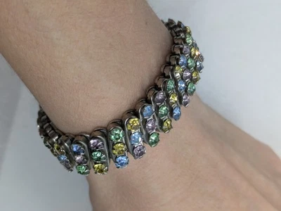 Sparkly Antique Art Deco White Metal Green Pink Paste Stretching Bracelet Empire - Image 1 of 4