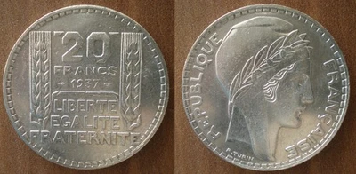 France 20 Francs 1937 Silver Coin Franc Frcs Frc Turin Free Shipping Worldwide - Image 1 of 3