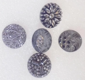 Lot of 5 Silver Luster Black Glass Buttons Lacy Diamond Daisy Swirls SL1 - Picture 1 of 4