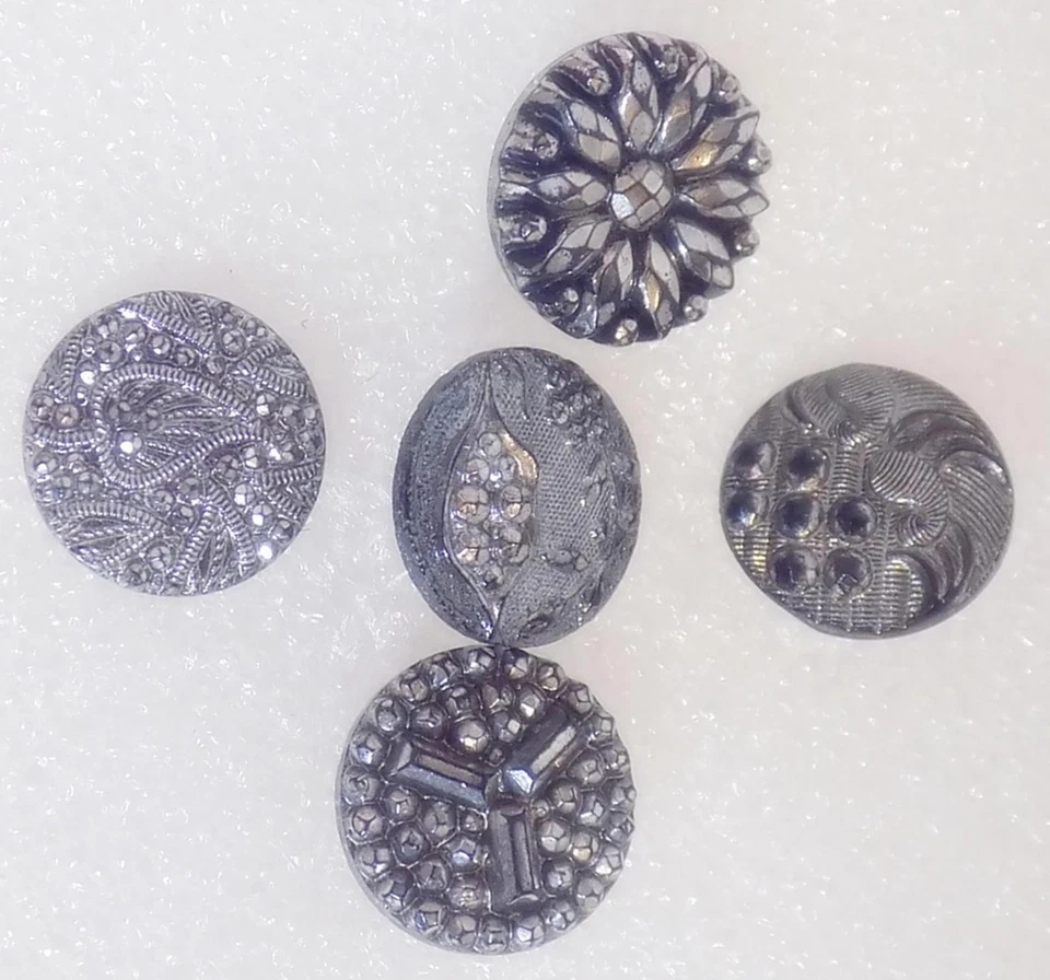 Lot of 5 Silver Luster Black Glass Buttons Lacy Diamond Daisy Swirls SL1 - Image 1 of 4