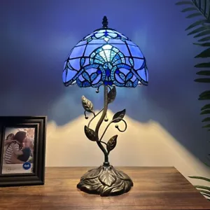 Tiffany Style Table Lamp Blue Stained Glass Baroque Style Lavender LED Bulb 20”H - Picture 1 of 6