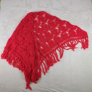 Vintage Red Acrylic Crochet Basket Pattern Tasselled Shawl 70s Style - Zdjęcie 1 z 14