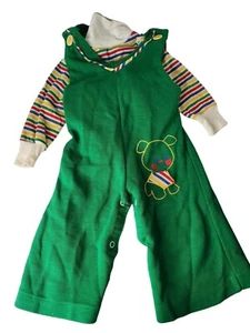 Vintage Childrens Green Striped Overalls & Shirt Paper Tag - Kids Boys Dog  - Picture 1 of 10