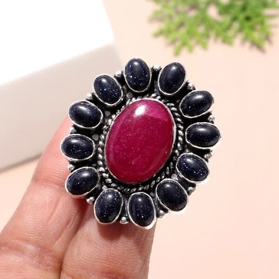Ruby , Blue Goldstone Gemstone Handmade Jewelry 925 Sterling Silver Ring For Mom - Image 1 of 4