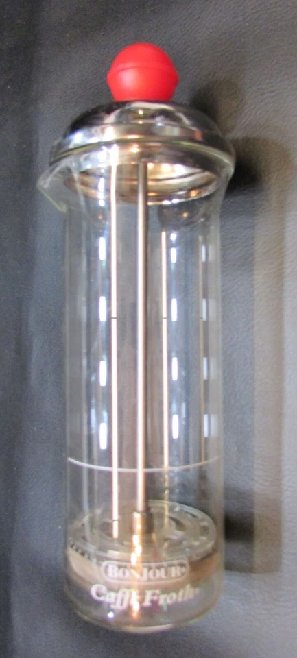 Vintage Bonjour Caffe Froth Clear Glass Stainless Steel Lid Red Red Plastic Knob - Image 1 of 4