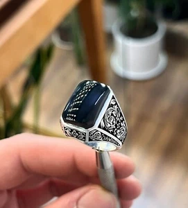 Natural Black Yemeni Agate Ring, 925 Sterling Silver Ring For Men, Aqeeq Ring - Picture 1 of 6