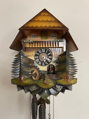 Vintage German Cuckoo Clock Chalet Waterwheel Pine Trees  Wood Carved Cover