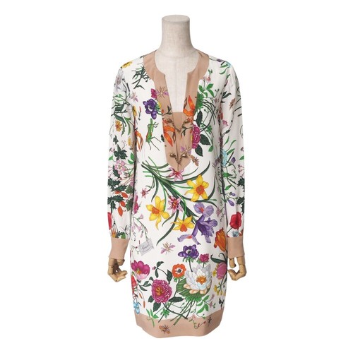 Abito Gucci come nuovo pezzo unico taglia 38 Flora tutto seta con catena a ferro di cavallo bianco...