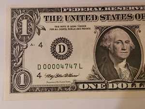 1995 $ 1.00 Very Low Number Federal Reserve Note ( REPEATER  )  D00004747 L. 💰 - Picture 1 of 11