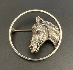 Beau Sterling Silver Horse Head Circle Pin Equestrian Vtg 60's 1.25 inch Marked - Picture 1 of 9
