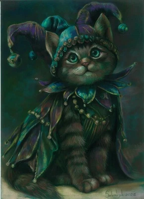 dibujo original 21 x 29 cm 172SkV obra de arte pastel un gato en disfraz de bufón Foto 1 de 2