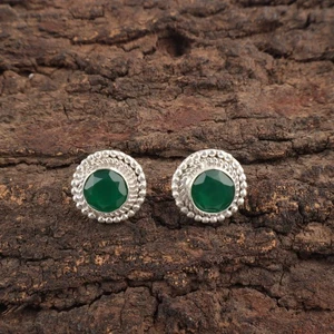 Round Green Onyx 925 Sterling Silver Unique Stud Post Wife Minimalist Earrings - Picture 1 of 8