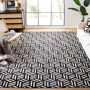 Hand Woven Natural Cowhide Hair on Patch Work Leather Modern Carpet Room B-04 - Picture 1 of 8