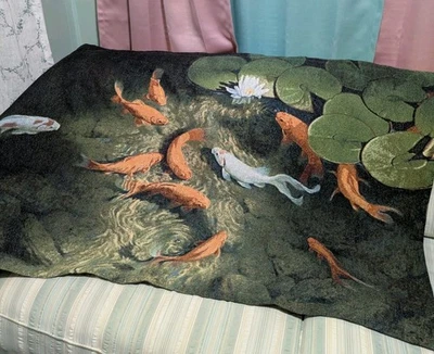 Nancy Howe Asian Chinoiserie Koi Fish in Pond Wall Hanging Tapestry 34 X 56" - Image 1 of 4