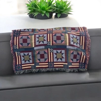 Manta Tejida Tapiz Retazos Americana Flecos Reversible Lanzamiento Bandera Estrella Foto 1 de 4