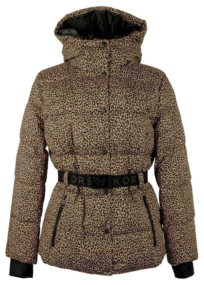Michael Kors Women's Hooded Leopard Print Belted Puffer Coat Jacket Large - Image 1 of 4