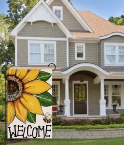 Sunflower With Bee Welcome, Two-Sided Burlap Type Outdoor Garden/Yard Flag - Picture 1 of 3