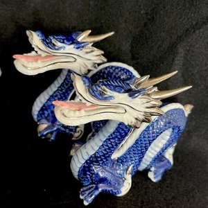 Vintage Yoshimi K Porzellan Drachen Paar in Kobaltblau mit Silberakzenten Japan - Bild 1 von 15