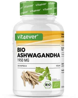VIT4EVER BIO ASHWAGANDHA - 365 Kapseln (vegan) - 1950mg pro Tag natürliches Wurzel-Pulver
