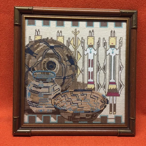 Vintage Silk Needlepoit Navajo South Western Motif Framed Cover