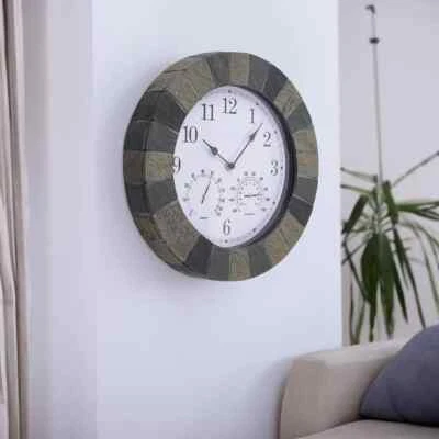 Slate Effect Garden Wall Clock Thermometer Large Resin Indoor Outdoor Home 35cm - Image 1 of 4