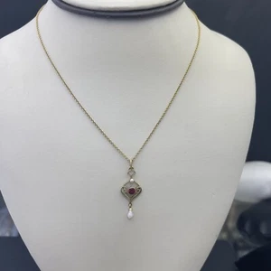 14k Gelbgold Antik Viktorianisch Dünn Kabel Kette & Tropfen Anhänger mit Perle - Bild 1 von 6