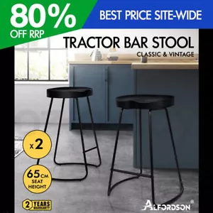 ALFORDSON 2x Bar Stools 65cm Tractor Kitchen Wooden Vintage Chair Black - Picture 1 of 12
