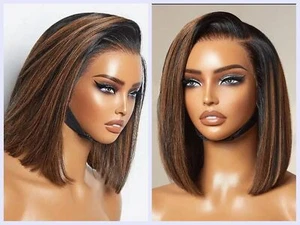 Peluca de cabello humano Highlight Ombre 1B/30 corta Bob recta transparente con encaje frontal - Imagen 1 de 11
