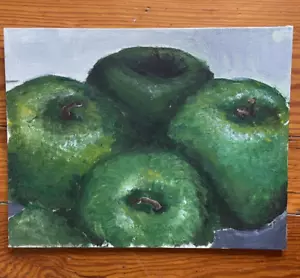 Pintura en lienzo arte outsider contemporáneo A. Renault naturaleza muerta manzanas verdes - Imagen 1 de 4