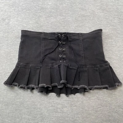 Urban Outfitters Skirt Women L Black Denim Pleated Cyber Goth Grunge Punk Lace - Image 1 of 4