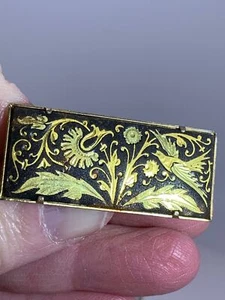 Bar Birds & Flowers Damascene Spain Vintage Gold Inlay Brooch Pin M-3847 - Picture 1 of 3