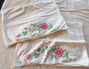 Vintage Pillowcases Cross Stitch Embroidery Pink Roses Standard Size Set of 2 - Picture 1 of 8