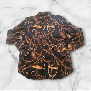 LRL Ralph Lauren Equestrian Print Button-Up Shirt Women’s L Black Brown Bit - Picture 1 of 8