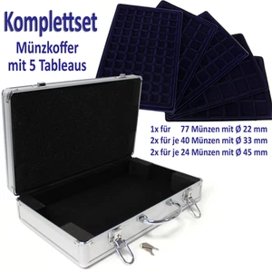 QMBasic Aluminium Münzkoffer groß L inkl 5 Münz Tableaus für 205 Münzen Sammler - Bild 1 von 15