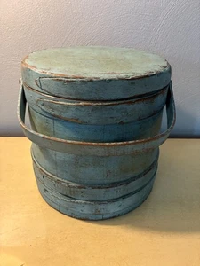 9 7/8" Old Firkin/Sugar Bucket/Wooden Blue Paint-Pantry Box-Spice Box-Primitive - Picture 1 of 14