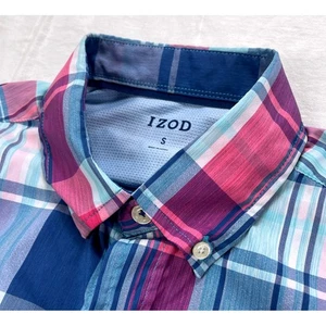 NWT IZOD Mens Small Button Up Short Sleeve Plaid Shirt Blue Pink Casual - Picture 1 of 8